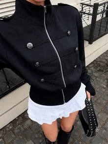 Siren Gaze Women's Fashion Double-Breasted Zipper Long Sleeve Sweatshirt - Black - View 3