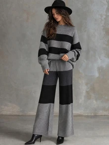 Solivie Women's Autumn/Winter Sweater 2 Pieces Set, Grey And Black Color Block Design Women Fall Winter Sweater Winter Set - Grey - View 4