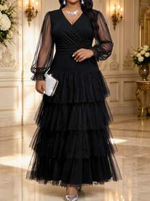 Fleurora Plus Size Autumn Elegant Solid Color Mesh Patchwork Tiered Dress - Black - View 3