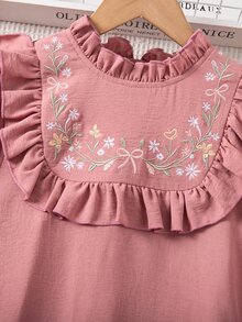 SHEIN 少女花卉刺繡荷葉領長袖可愛洋裝 - 粉色 - 查看 6
