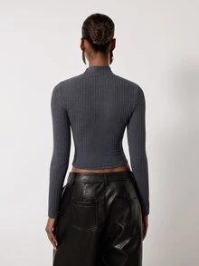 MERLEAU Women's Modern Ribbed Fabric Solid Color Long Sleeve Cutout Design Casual Top - Grey - View 2