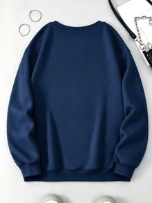 INAWLY Women's Letter Embroidered Crew Neck Long Sleeve Casual Sweatshirt - Navy Blue - View 2