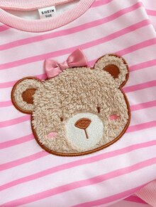 SHEIN 女嬰新生兒可愛熊刺繡圖案條紋圓領套頭衛衣與鬆緊腰長褲2件套，適合秋冬，百搭時尚休閒 - 彩色 - 查看 4