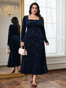 Modelyn Plus Size Women's Square Neck Embroidered Long Sleeve Elegant Dress - Navy Blue - View 4