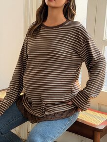 DAZY Patchwork Hem Lace Loose Long Sleeve Pullover Casual Daily Korean Style Spring Autumn Maternity T-Shirt - Brown - View 6