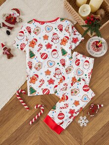 Teen Girl Autumn/Winter Pajamas 2pcs Snug Fit Short Sleeve Long Pants Christmas Girls - Multicolor - View 2