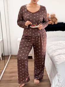 Napfluff CURVE Napfluff CURVE Plus Size Women's Casual Knit Contrast Lace Bow Print Loungewear Pajama Set - Brown - View 5