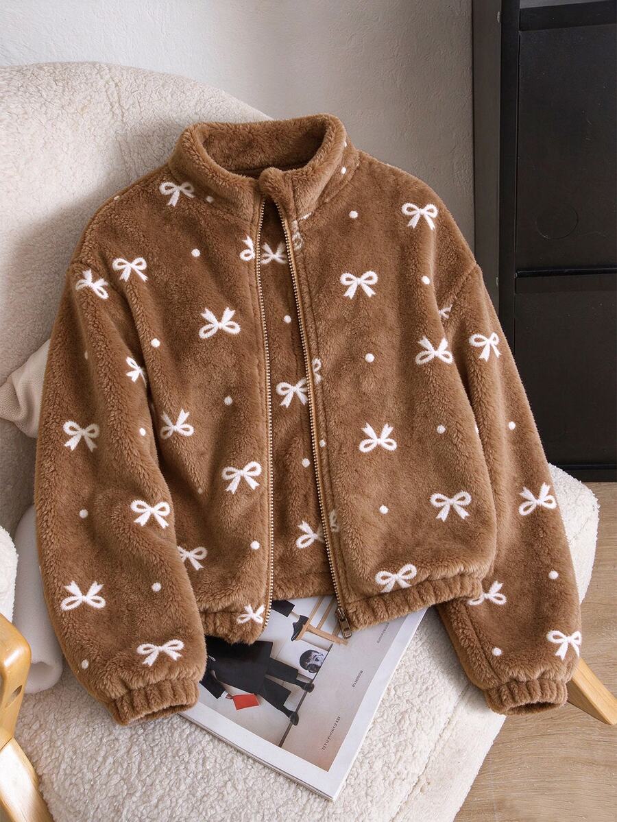 SHEIN 青少年女孩夾克,棕色波點,休閒端莊可愛,保暖秋季,拉鍊,保暖,純色,印花,保暖內裡加厚校園社團 - 彩色 - 查看 1