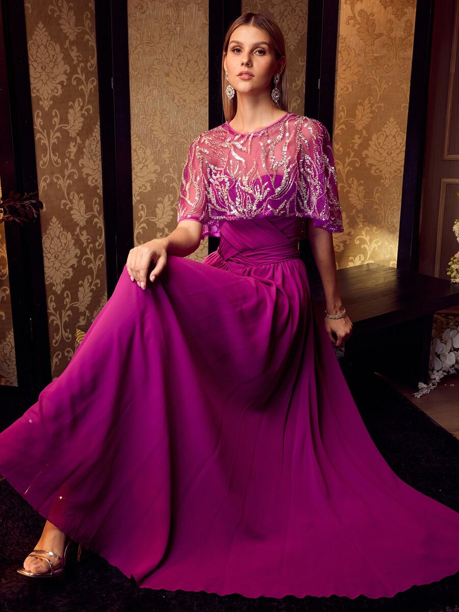 MOTF Soiréza ELEGANT DETACHABLE BEADED SHAWL & RUCHED BUST STRAPLESS MAXI GOWN FOR FORMAL PARTIES,WEDDING,GALAS - Hot Pink - View 1