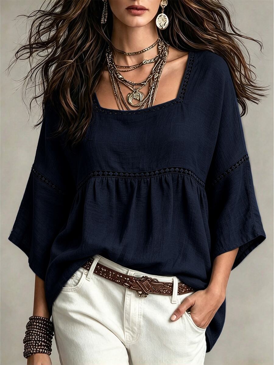 EMERY ROSE Plus Size Lady's Round-Neck Casual Resort Autumn Shirt - Navy Blue - View 1