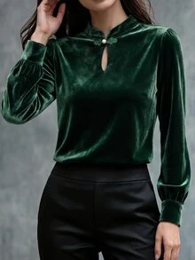 SHEIN LUNE بلوزة نسائية بأزرار وأكمام قصيرة من المخمل للخريف، لحفلات عيد الميلاد والعشاء، باللون الأخضر الداكن، أنيقة - أخضر داكن - مشاهدة 6