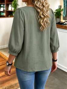 Linhara CURVE PlusSize New Chinese Daily Blouse, Square Neck Frog Button Puff Long Sleeve Top - Army Green - View 2