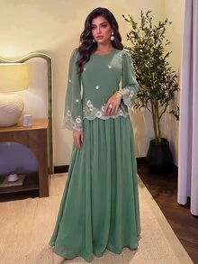 Al Najma Elegant Vintage Dark Green Flared Sleeve Daily Commute/Date/Dinner Party Heavy Embroidery Chiffon Long Dress Green Fall/Winter - Green - View 4