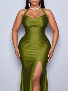 SOLERSUN Plus Size Women's Sexy Hooded Collar Pleated Long Dress With Backless Spaghetti Straps And High Slit Evening Gown - Army Green - View 6