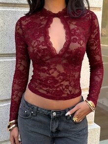 Aloruh Black Lace Hollow Out Design Long Sleeve Sexy Top For Women,Halloween,Clubbing - Burgundy - View 6