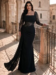 Coutiva Plus Size Elegant Classy Black Fall Formal Dinner Prom Fuchsia Lace Cold Shoulder Ruched Mermaid Maxi Dress Sheer Details New Year - Black - View 1