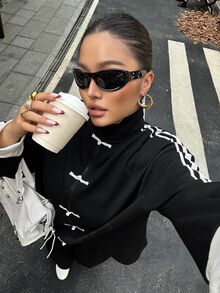 Muchica 大尺碼女款拼色長袖上衣與長褲休閒日常兩件套 - 黑與白 - 查看 6