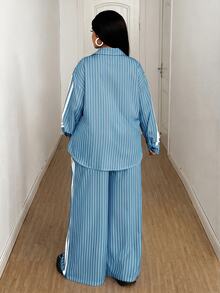 Maweii 2件組女款條紋休閒寬鬆襯衫與印花長褲套裝，通勤風格，秋冬季 - 藍色 - 查看 3