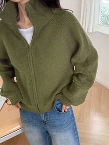 Livesso Women's Green Loose Casual Commute Office Layering Knit Cardigan Sweater, Autumn/Winter - Olive Green - View 3