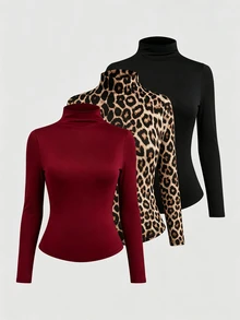 Sweetra Plus Size 3pcs T-Shirt Set, Mock Neck Printed Tops, Long Sleeve, Autumn/Winter - Multicolor - View 1