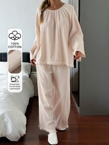 DAZY 2pcs Women's Pajama Set With Tassel Patchwork Solid Color Loose Long Sleeve Top And Long Pants - Apricot - View 4