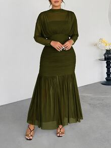 Firerie 大尺碼女款純色長袖抓皺魚尾下擺優雅婚禮賓客禮服，適合度假、派對、外出穿著的棕色洋裝 - 軍綠色 - 查看 5