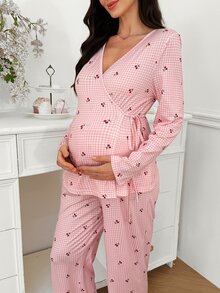 Moonlight&Mama Casual Cherry Plaid Print Tie Design Pullover Long Sleeve Top And Long Pants Maternity Pajama Set - Multicolor - View 7