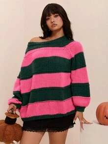 CovetEZ 秋冬萬聖節玫瑰紅與綠色拼接條紋休閒大尺碼套頭毛衣－度假居家穿著，融合1920年代傳統風格 - 綠色 - 查看 3