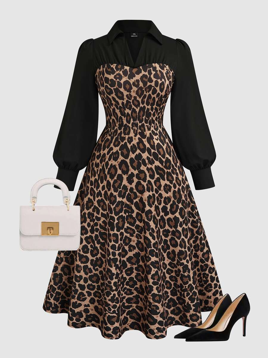 GlowEve CURVE Plus Size Women Striped Solid Color Patchwork 2 In 1 Dress, Elegant Long Sleeve Lapel Dress Maxi Wom - Brown - View 1