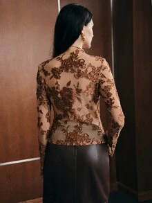 Anewsta Women's Autumn/Winter Elegant Commute High Elastic 3D Floral Burnout Semi-High Neck Fitted Pullover Top - Brown - View 7