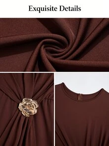 SOLERSUN Plus Size Solid Color Draped Long Sleeve Jumpsuit, Round Neck, Minimalist Cut, Waist Side Metal Buckle With Flap, Evening Party, Elegant Mature Style, One-Piece - Coffee Brown - View 10