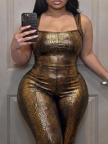 Slaydiva 大尺碼女款休閒日常穿搭連身褲七分褲 - 金色 - 查看 3