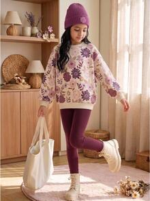SHEIN Tween女孩花卉印花秋冬休閒百搭衛衣與內搭褲套裝 - 紫色 - 查看 11