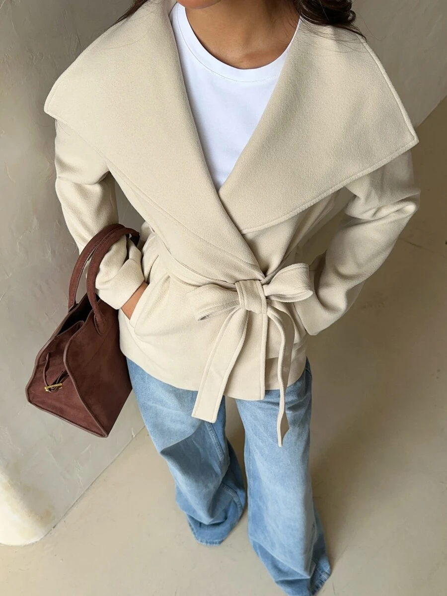 SHEIN Glamour معطف نسائي كاجوال بلون موحد وأكمام طويلة وياقة كبيرة للخريف/الشتاء - كاكي - مشاهدة 1