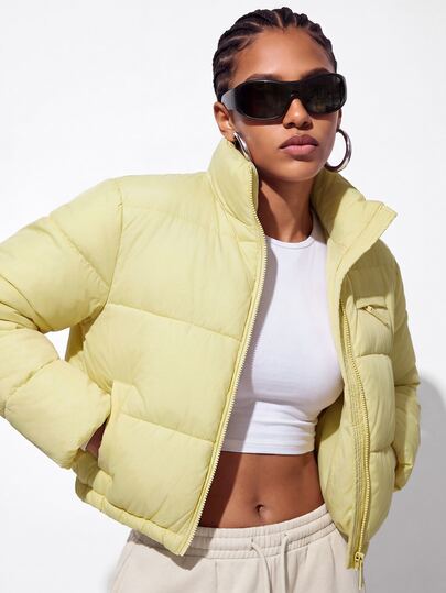 Aveloria GENKIRA Women's Padded Coat Cropped Boxy Stand Collar Zip Up Quilted Zip Pocket Modern Light Yellow Puffer Jacket Yellow Puffer Winter New Arrivals