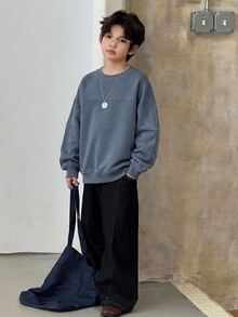 Dazy Kids Sweatshirt Pullover Leher Bulat Dasar Jahitan Kontras untuk Anak Laki-laki (Ukuran Besar), Potongan Longgar, Musim Gugur/Dingin - Navy Blue - View 5
