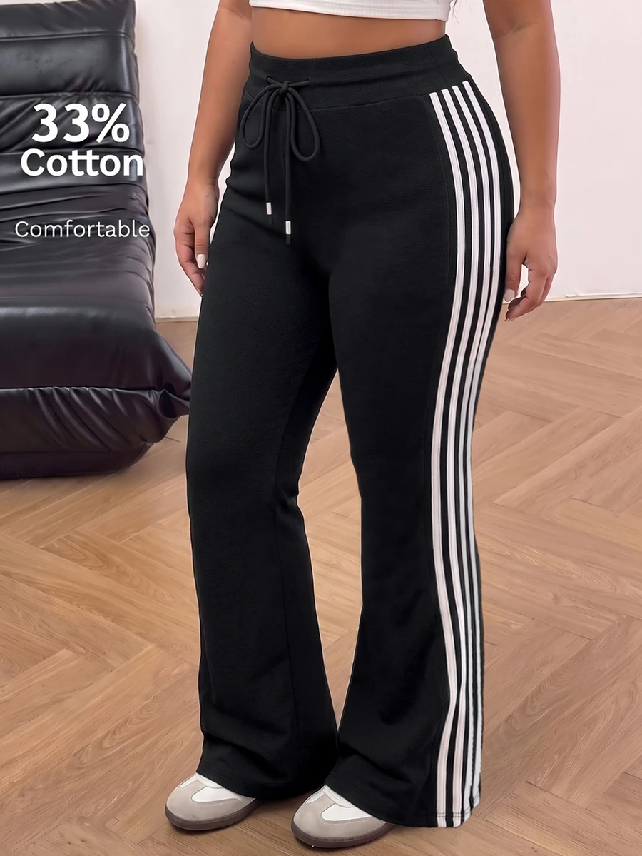 Muchica Plus Size Women's Side Stripe Drawstring Waist Casual Flare Sweatpants - Black - View 1