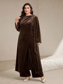 Veilorie Plus Size Women's Solid Color Long Sleeve Top And Pants Casual Daily 2 Pieces Set - Khaki - View 8