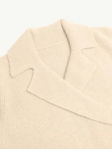 SHEIN Women's Autumn Winter Apricot Ribbed Knit Sweater, Elegant Polo Collar Long Sleeve Top With Ruched Waist, Chic Slim Fit Pullover For Casual Daily Wear - Apricot - View 6