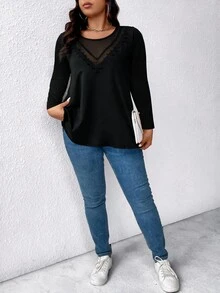 EMERY ROSE Plus Size Women's T-Shirt, Elegant Sexy Casual Minimalist Commuter Versatile Round Neck Lace Mesh Patchwork Design Long Sleeve, Suitable For Spring And Autumn - Black - View 8