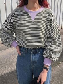 FRIFUL 女款黑白對比色條紋休閒街頭風日常校園長袖T恤 - 黑與白 - 查看 7