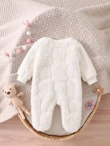 SHEIN 新生兒花卉圖案休閒日常長袖冬季連身衣 - 白色 - 查看 2
