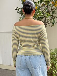 SHEIN EZwear Plus Size Women's Striped Off-Shoulder Casual Daily Long Sleeve T-Shirt Fall - Mustard Yellow - View 2