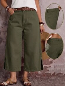 EMERY ROSE EMERY ROSE Plus Size Women's Pocket Side Slit Wide Leg Loose Casual Cropped Denim Jeans - Army Green - View 8