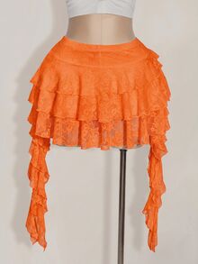 SHEIN ICON 大尺碼女款白色蕾絲荷葉邊迷你裙附內褲，波希米亞牛仔商務休閒風，適合夏季度假、音樂節與演唱會 - 橘色 - 查看 6