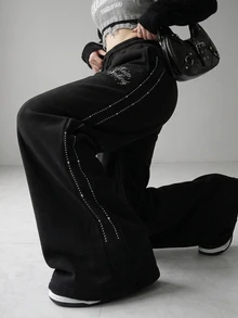 FRIFUL Women's Casual Letter Drawstring Loose Sweatpants - Black - View 4
