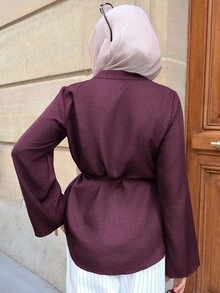 Graceveil Women's Casual Burgundy Shell Button Design Long Sleeve Tie-Up Pleated Blouse, Women's Commuter Top, Spring/Autumn Clothing - Burgundy - View 3
