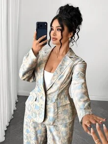 Elenzga Autumn Plus Size New European & American Style Faux Print Pattern Blazer Slim Fit Long Sleeve Jacket & Flared Long Pants 2 Pieces Set Green Print Pattern Suitable For Commuting, Daily, Office And Multiple Occasions - Green - View 6