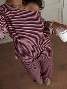 Siren Gaze Women's Striped One-Shoulder Top And Loose Pants Set - Burgundy - View 3