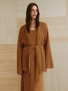 MOTF PREMIUM WOMEN'S LOOSE WOOL SWEATER CARDIGAN WITH TIE CLOSURE, CASUAL AUTUMN/WINTER OUTERWEAR - Camel - View 4